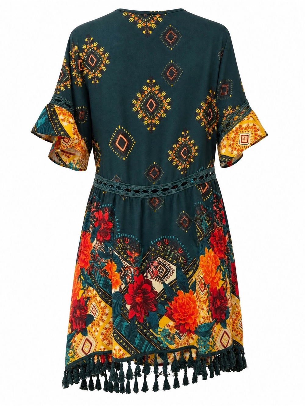 Floral Tassel Hem Green V-Neck Dress - Picture 7 of 11